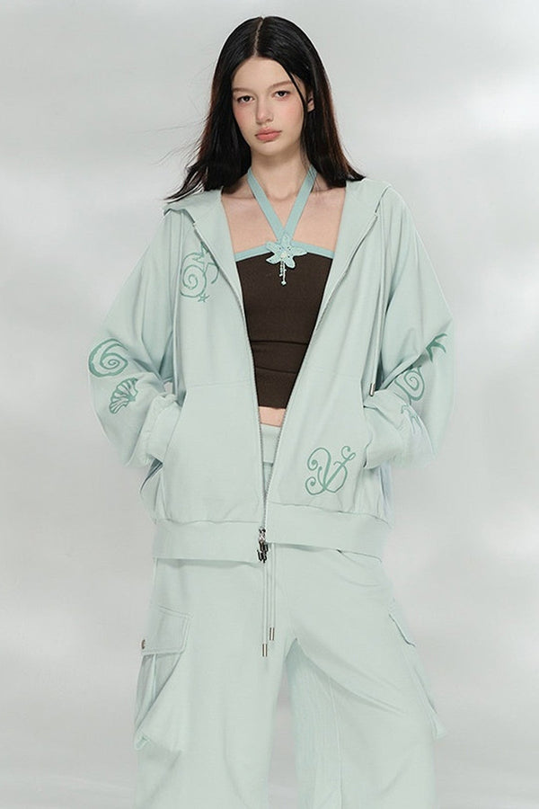 Waffle Knit Print Sweatshirt and Pants Set-Up