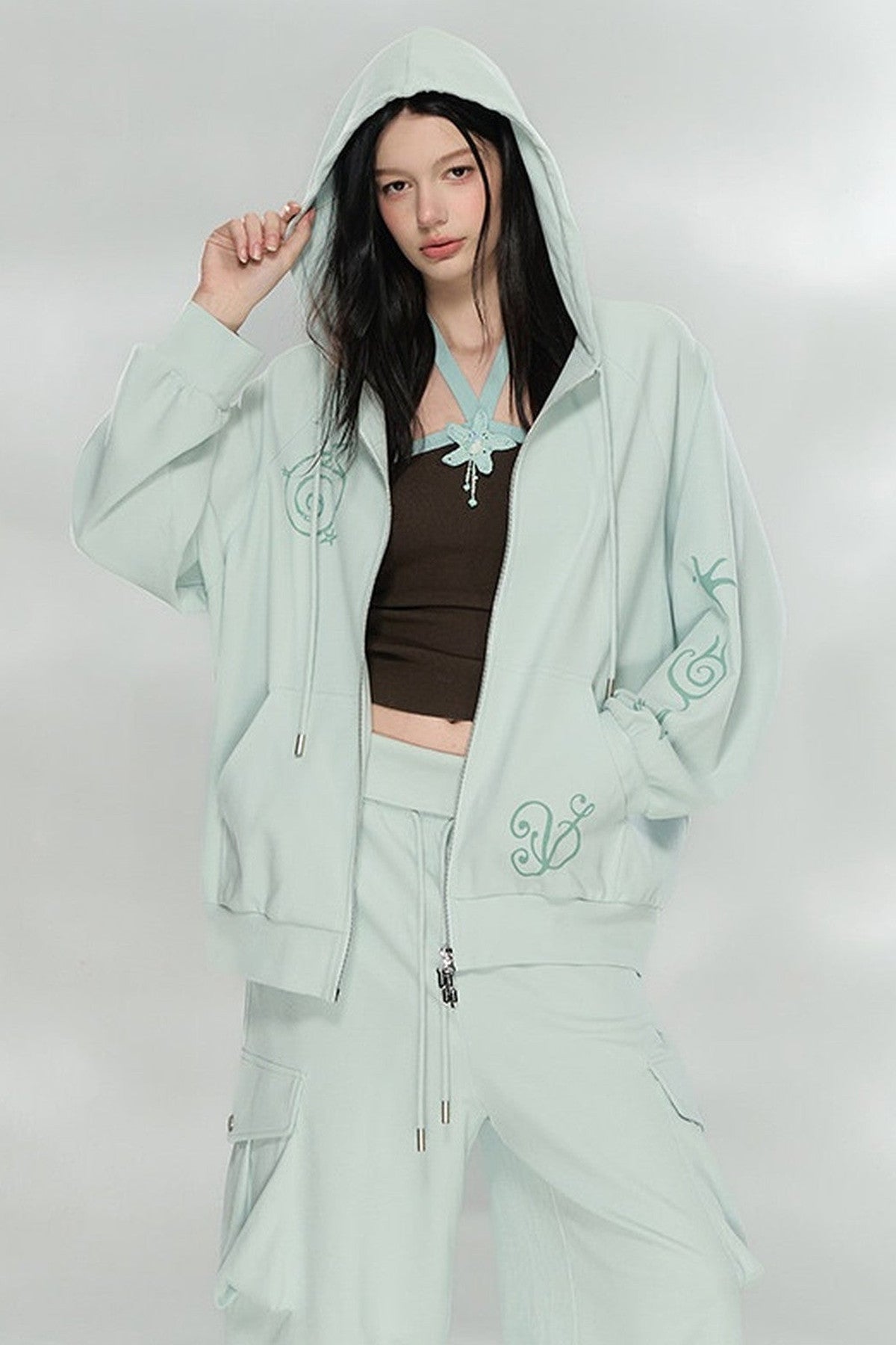 Waffle Knit Print Sweatshirt and Pants Set-Up