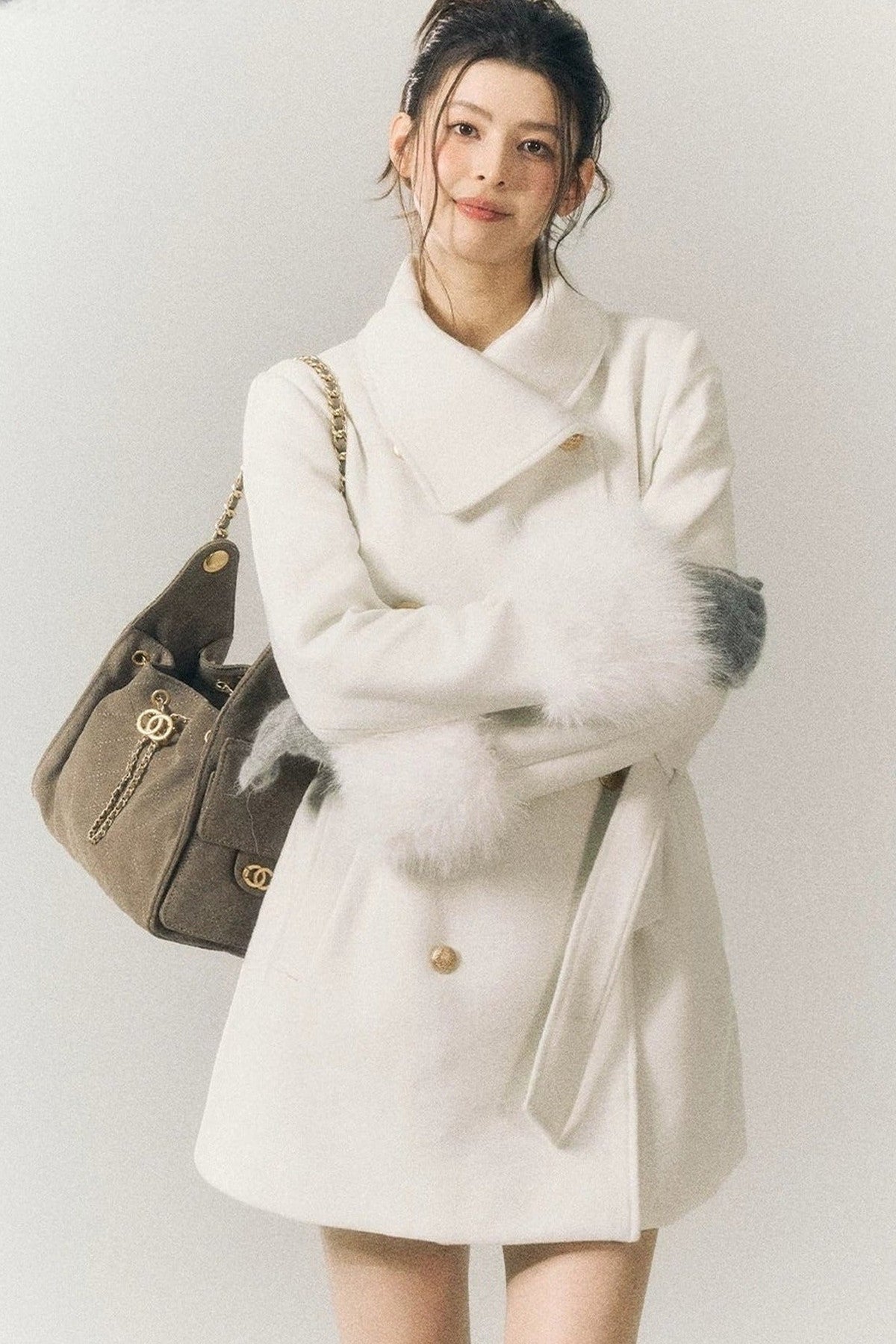 White Wool Detachable Fur Sleeve Coat