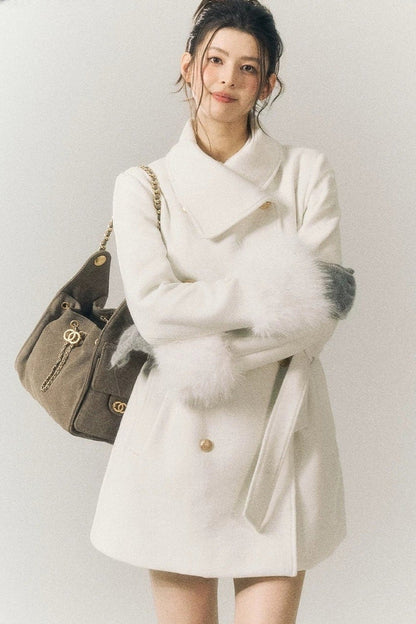 White Wool Detachable Fur Sleeve Coat