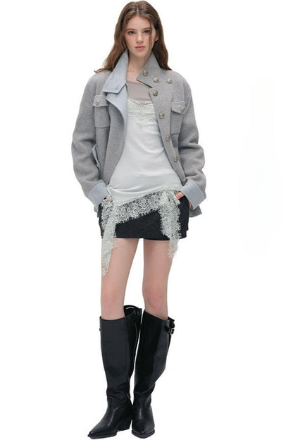 Belted Stand Collar Wool Coat