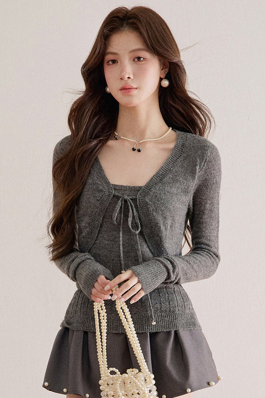 Long-Sleeve V-Neck Lace-Up Knit Sweater