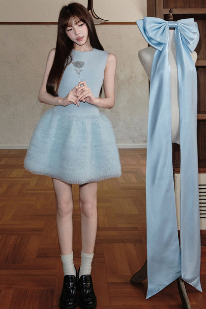 Blue Mesh Tiered Dress