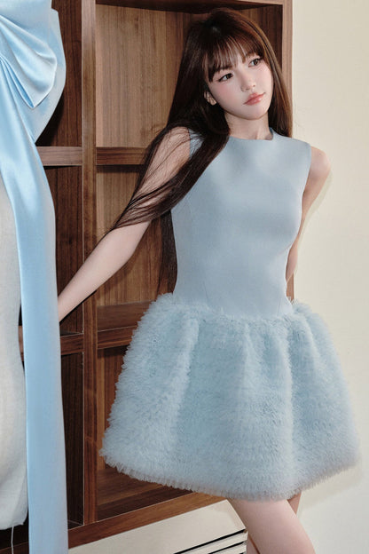 Blue Mesh Tiered Dress