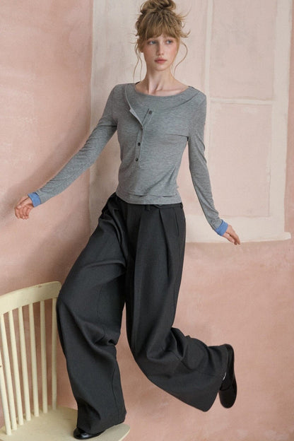 Double Pleated Curved Blade Wide Pants