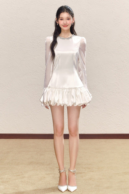 Pearl White Satin Long-Sleeved Flower Bud Dress