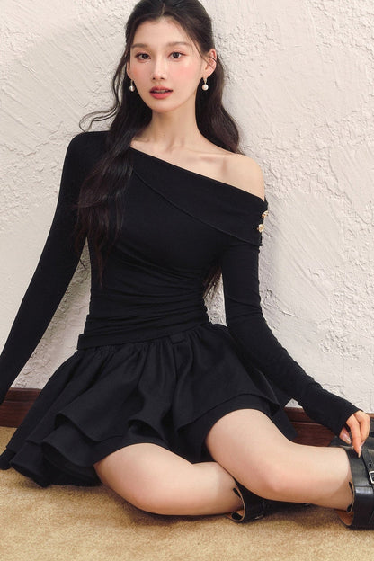 Asymmetrical Collar Long-Sleeved Knit Top and Skirt Set-Up