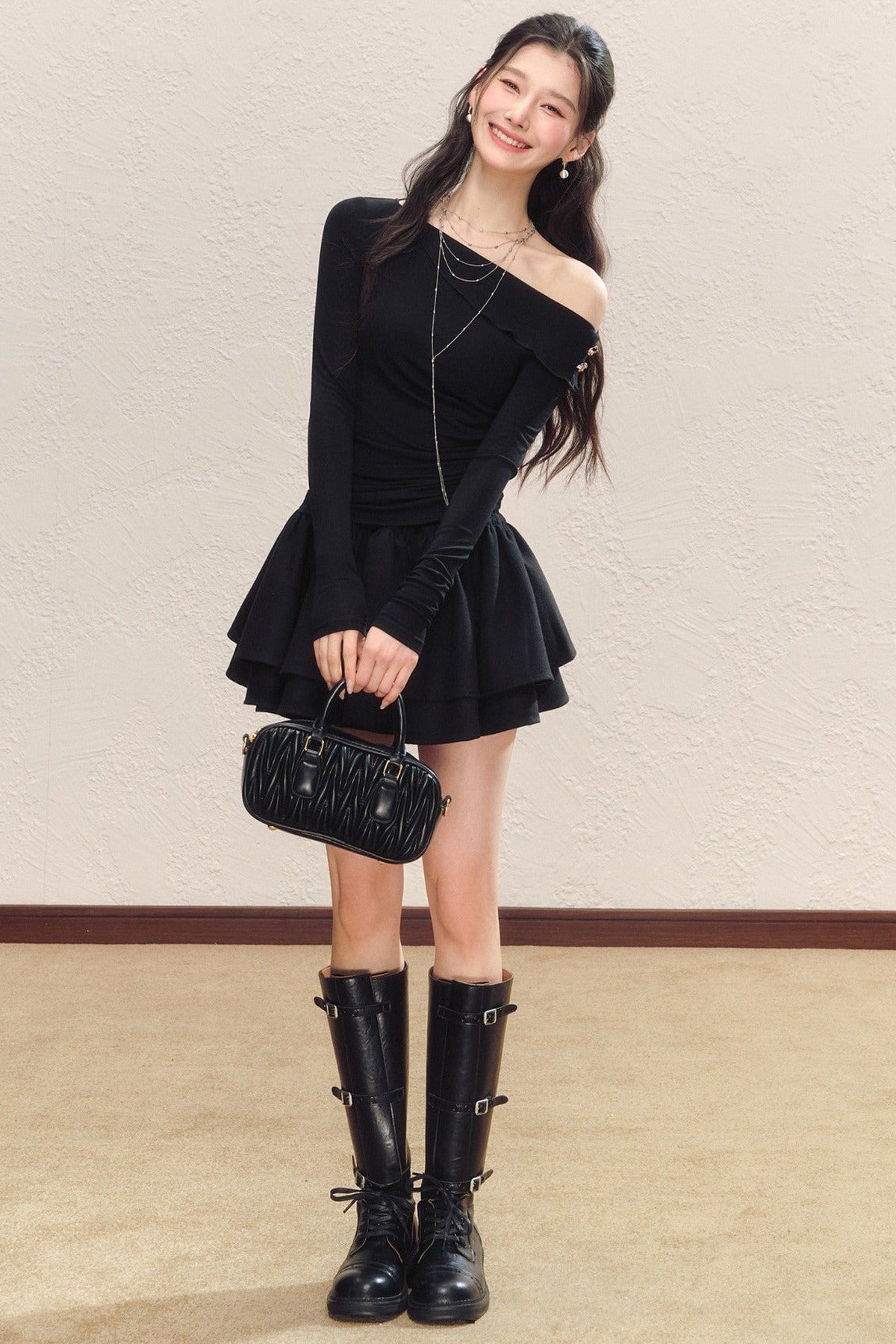 Asymmetrical Collar Long-Sleeved Knit Top and Skirt Set-Up