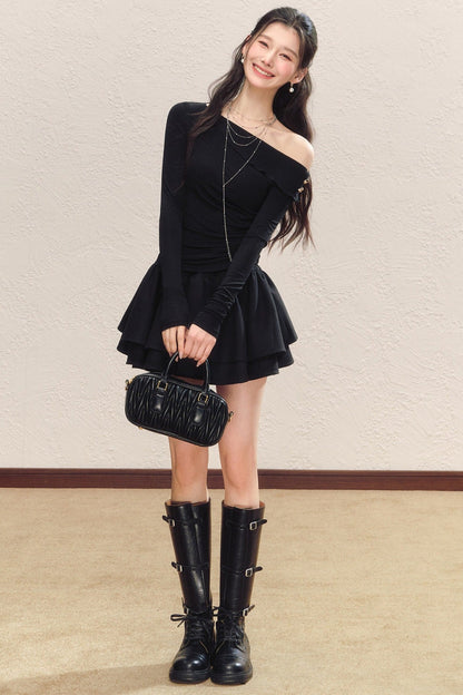 Asymmetrical Collar Long-Sleeved Knit Top and Skirt Set-Up