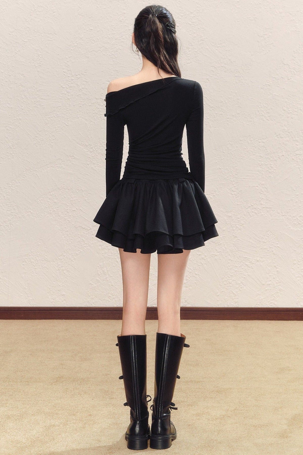 Asymmetrical Collar Long-Sleeved Knit Top and Skirt Set-Up
