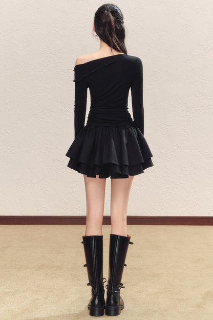 Asymmetrical Collar Long-Sleeved Knit Top and Skirt Set-Up