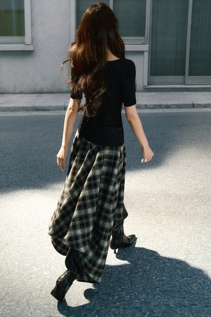 Irregular Hem Long Plaid Skirt