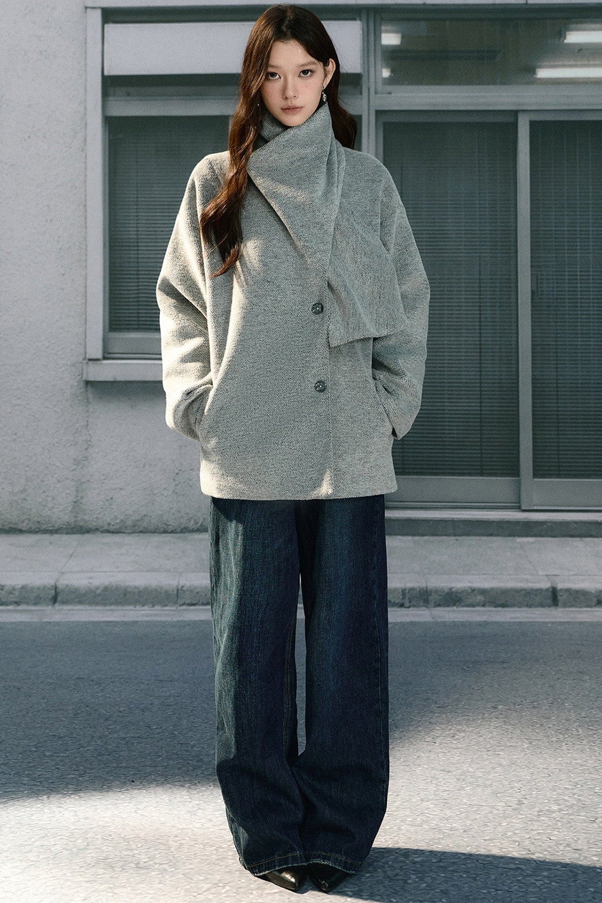 Asymmetrical Scarf Collar Woolen Jacket