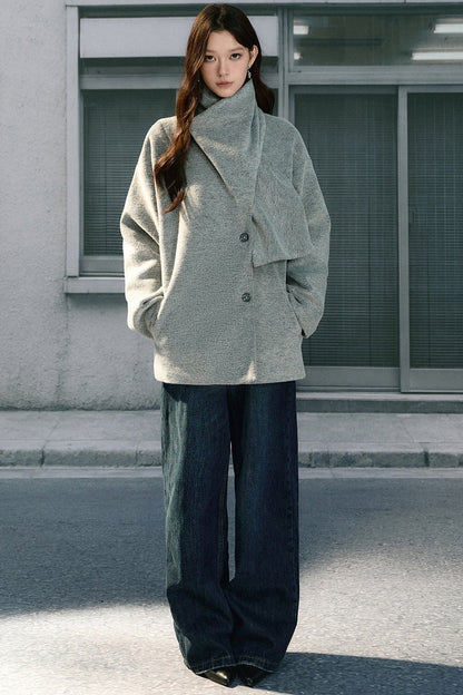 Asymmetrical Scarf Collar Woolen Jacket
