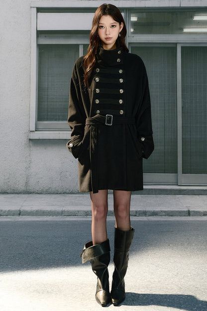 Double-Breasted Drop Shoulder Belted Woolen Coat