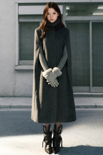 Sleeveless Fur Collar Woolen Cape