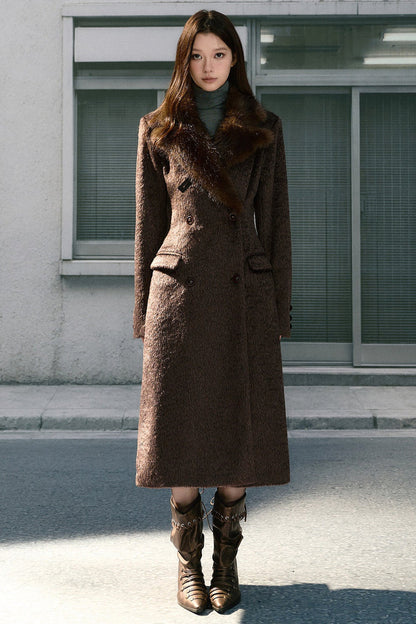 Long Woolen Fur Collar Blazer-Style Coat