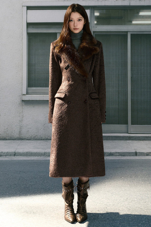 Long Woolen Fur Collar Blazer-Style Coat