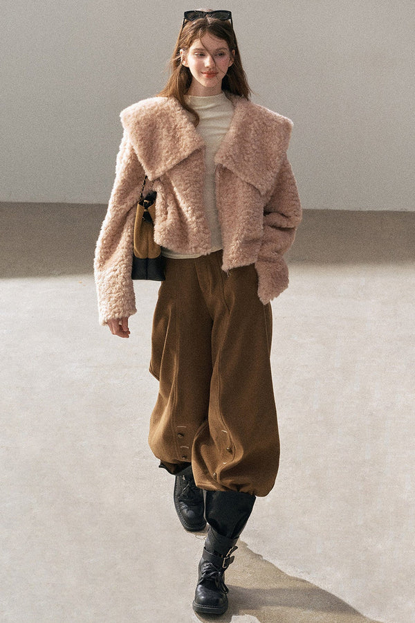 Large Lapel Textured Faux Fur Teddy Jacket