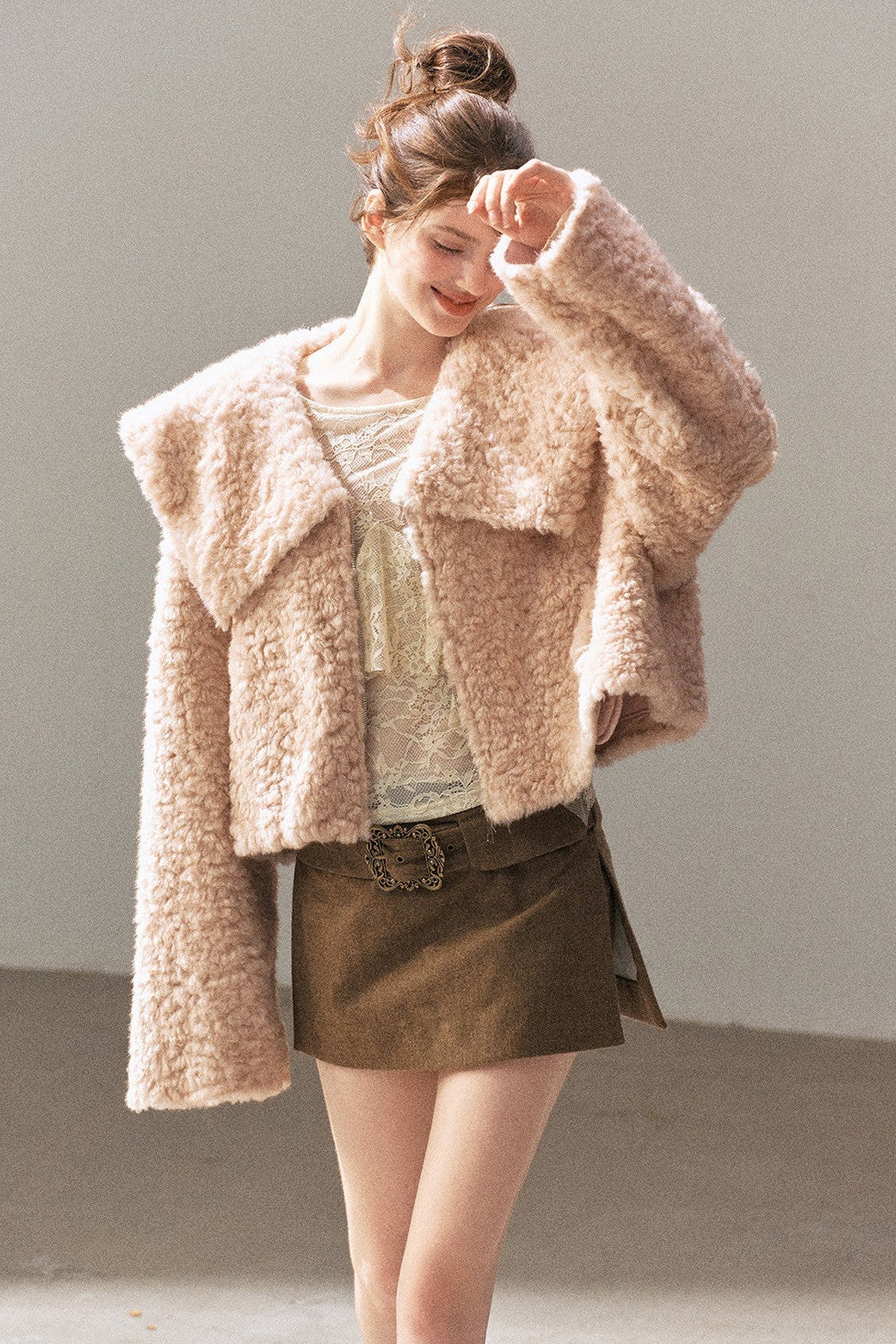 Large Lapel Textured Faux Fur Teddy Jacket