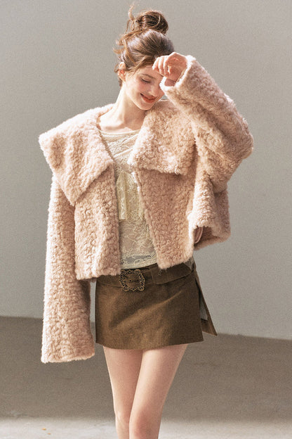 Large Lapel Textured Faux Fur Teddy Jacket