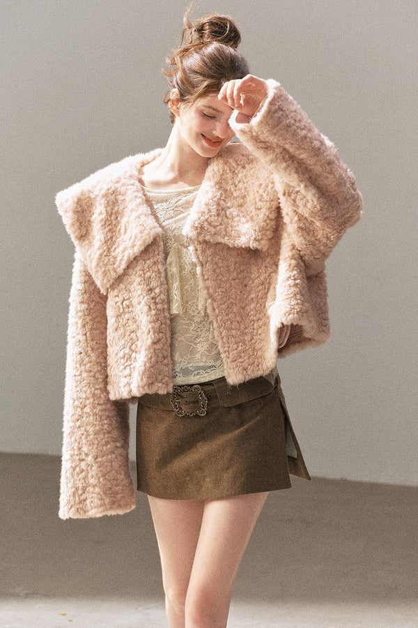 Large Lapel Textured Faux Fur Teddy Jacket