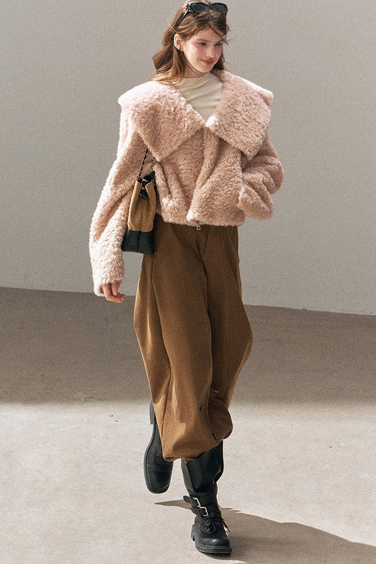 Large Lapel Textured Faux Fur Teddy Jacket