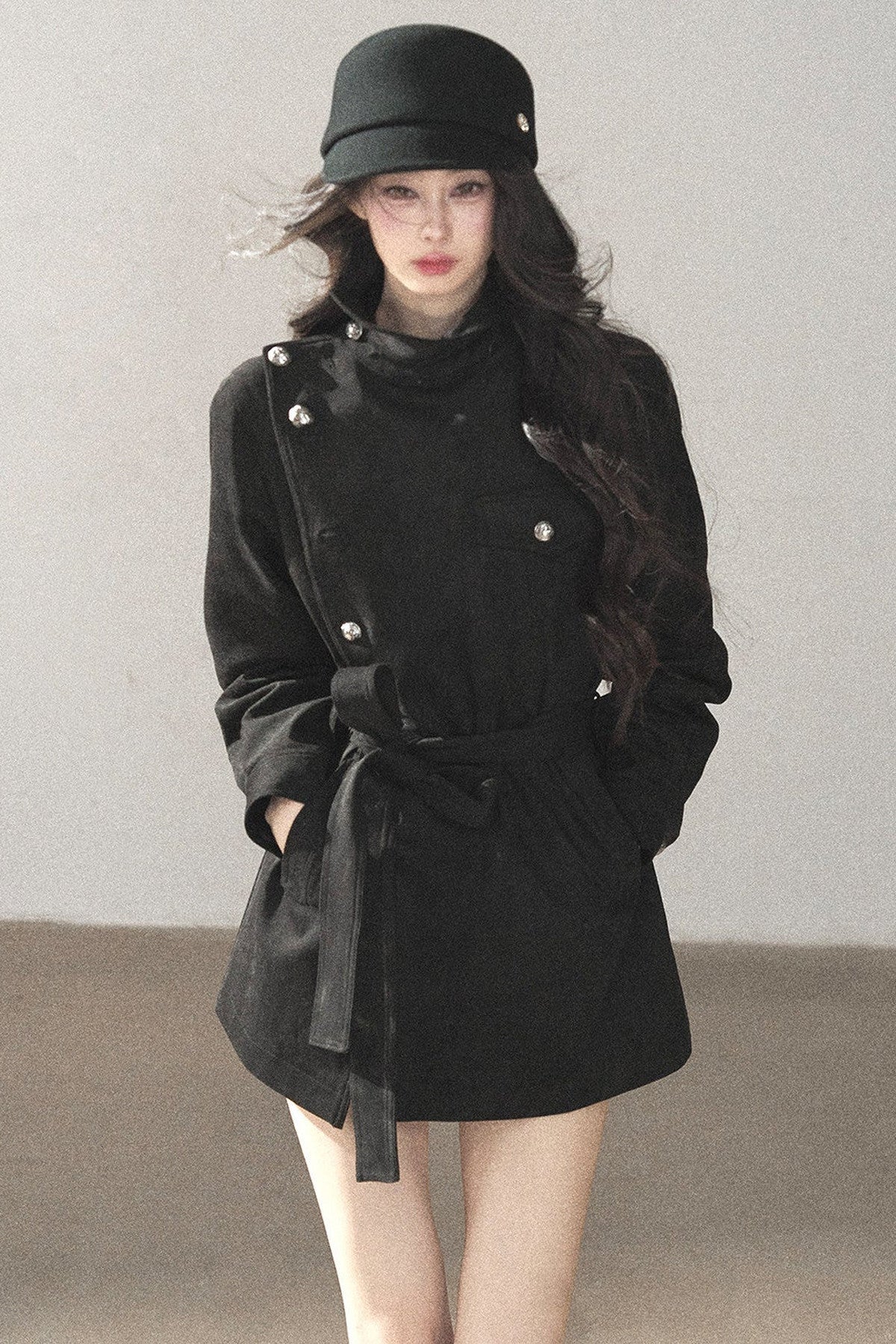 Ruffled High-Neck Trench Coat