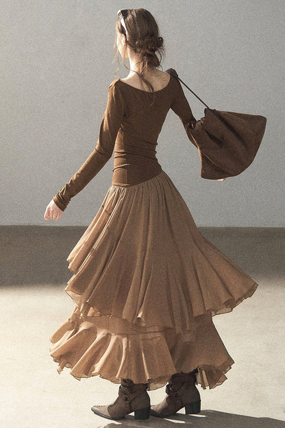 Layered Patchwork Flared Long Dress