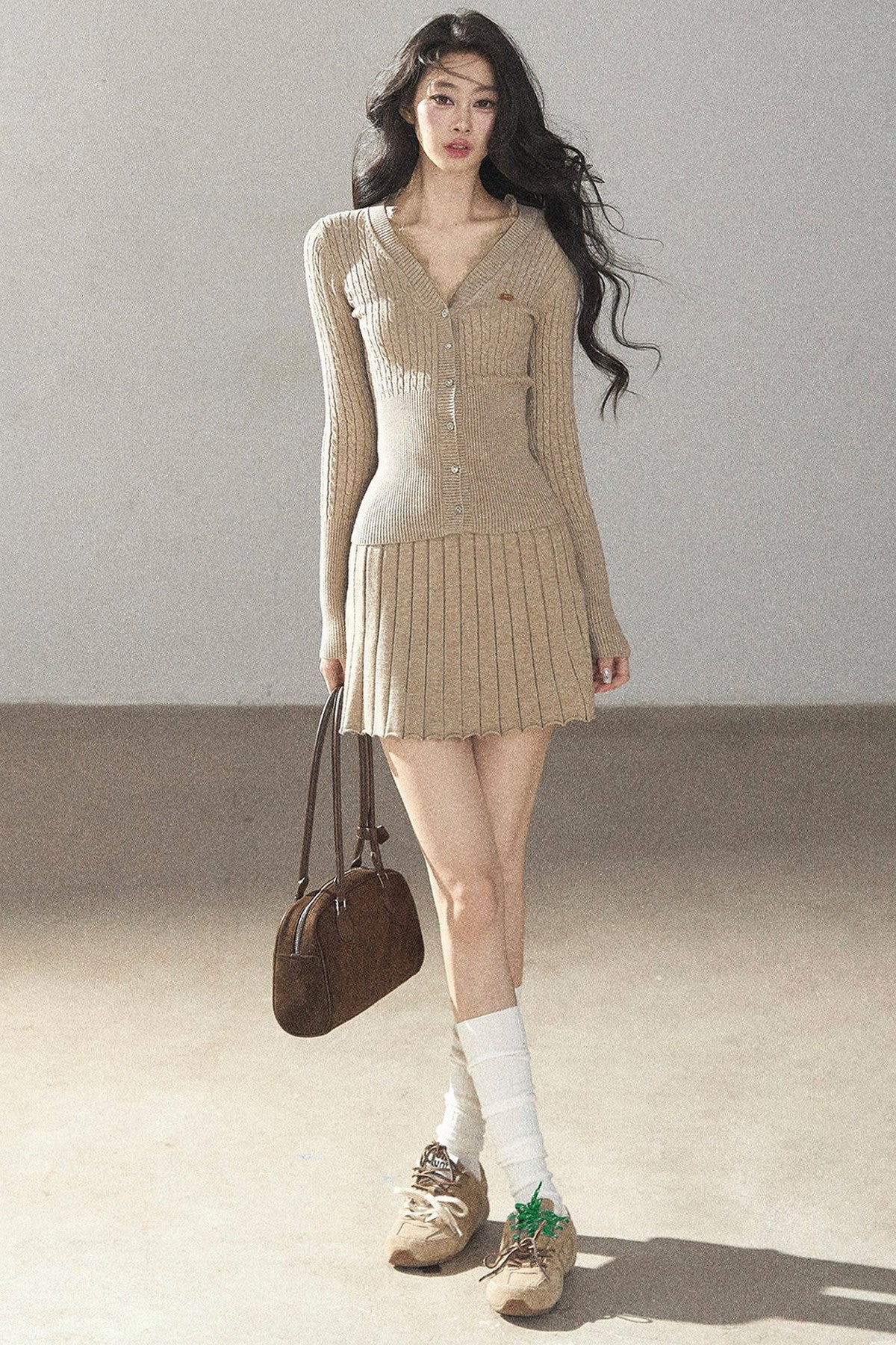Oatmeal Knit Cardigan and Ribbed Skirt Set-Up