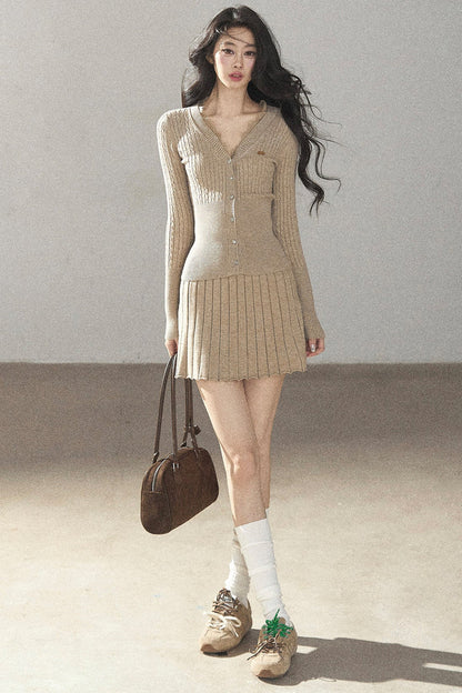 Oatmeal Knit Cardigan and Ribbed Skirt Set-Up