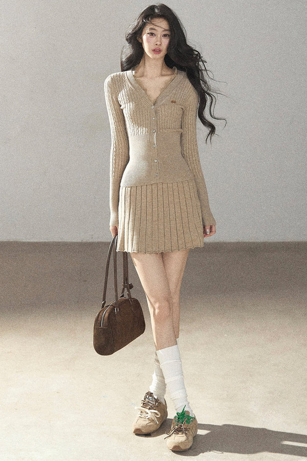 Oatmeal Knit Cardigan and Ribbed Skirt Set-Up