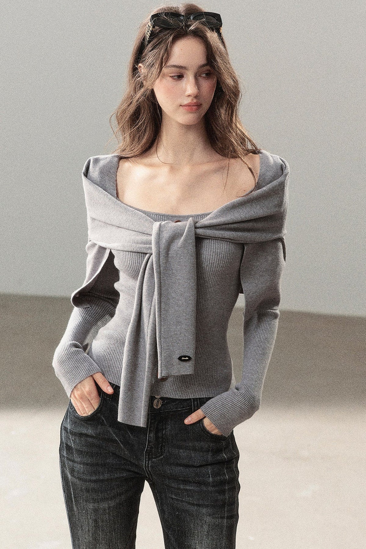 Flowing Twilight Layered-Look Shawl Ribbed Top 
Set