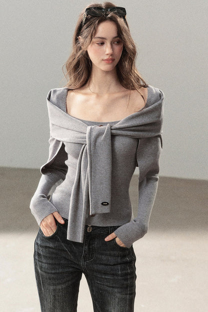Flowing Twilight Layered-Look Shawl Ribbed Top 
Set