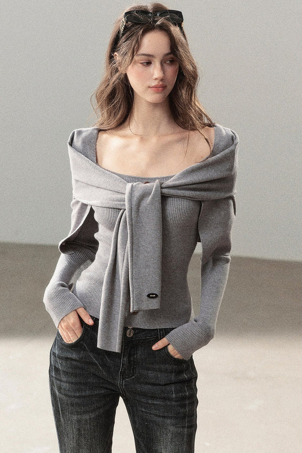Flowing Twilight Layered-Look Shawl Ribbed Top 
Set