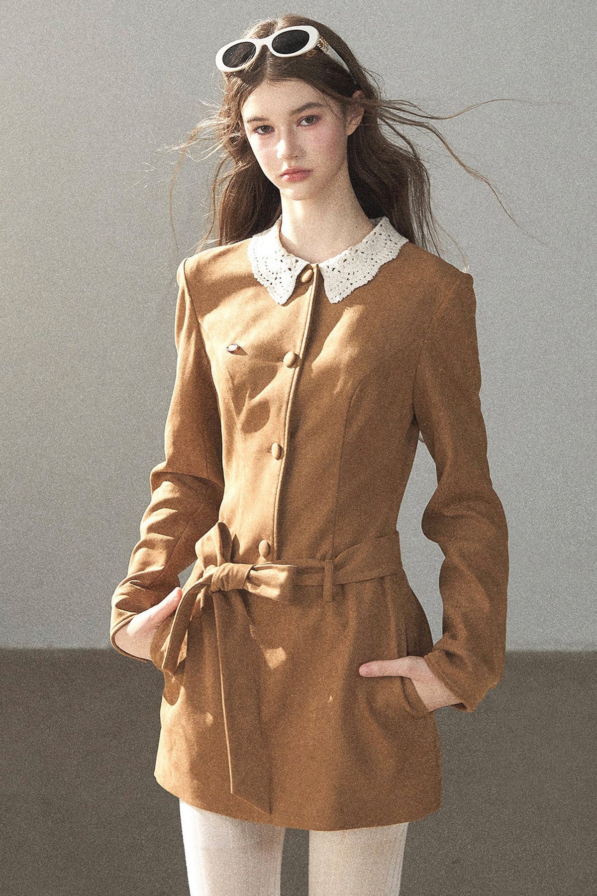 Faux Suede Lace Collar Short Dress