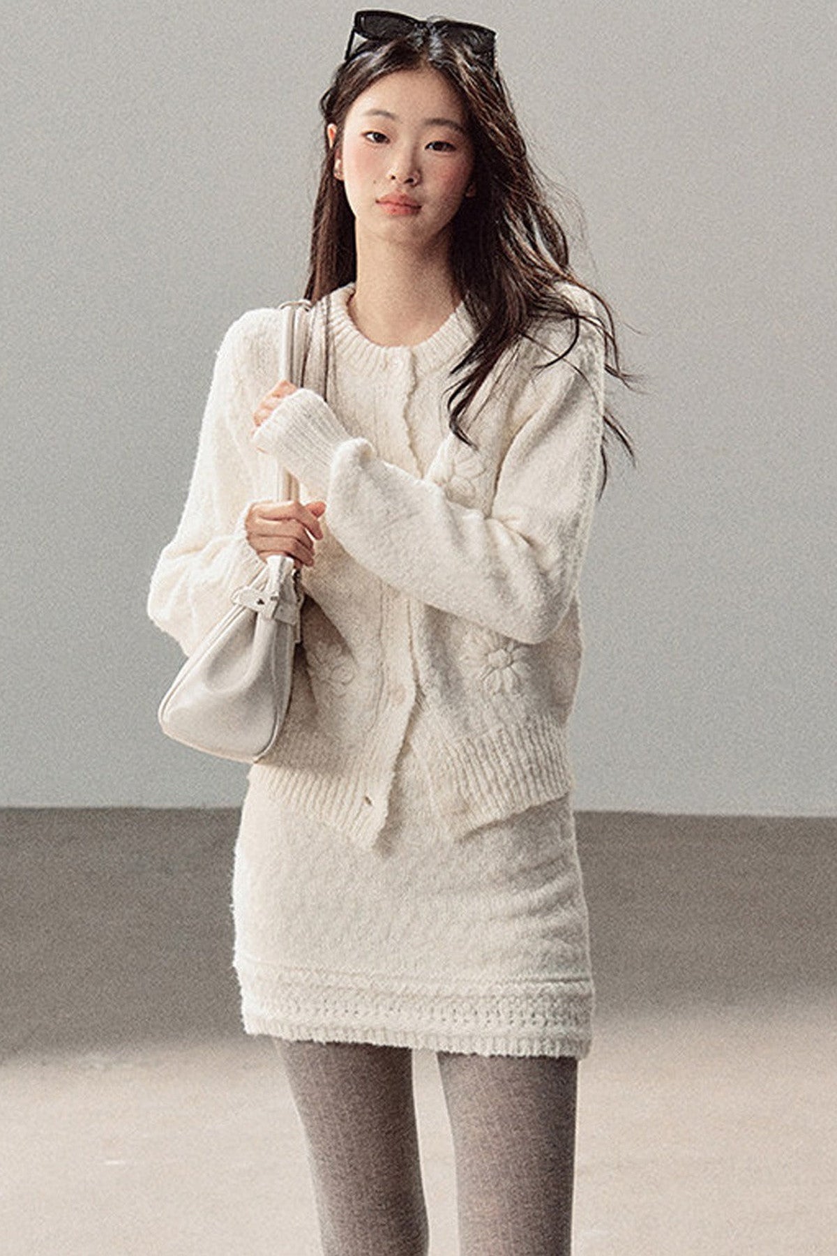 French Mercerized Wool Crochet Floral Cardigan and Skirt Set-Up