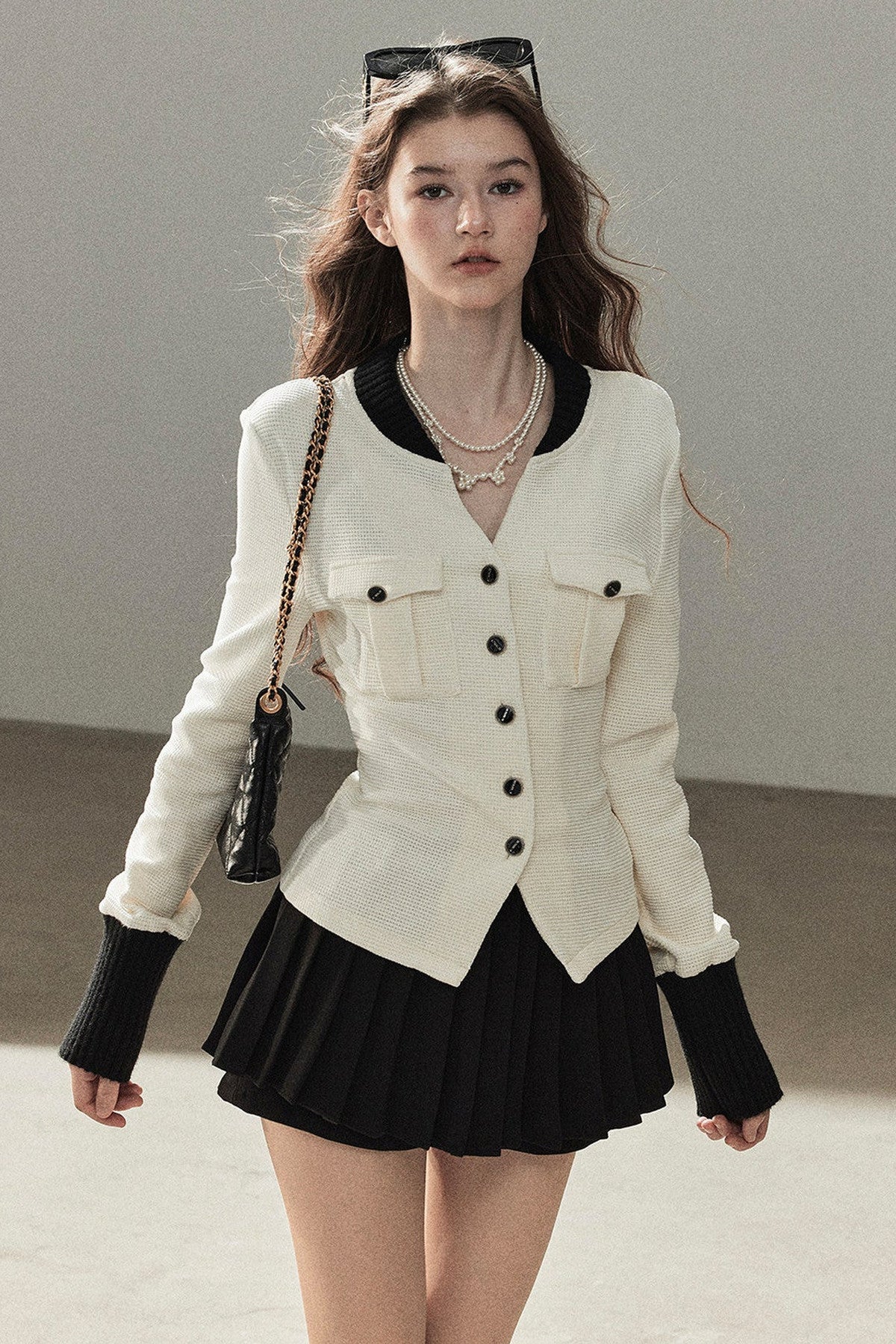 Little Style Waffle Knit Top and Pleated Skirt Set-Up