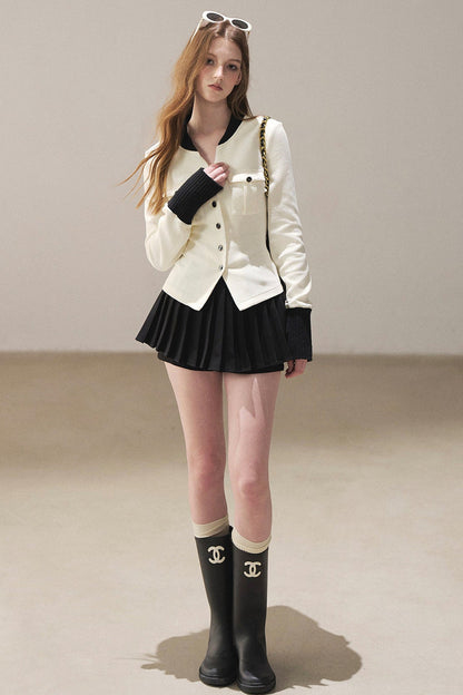 Little Style Waffle Knit Top and Pleated Skirt Set-Up