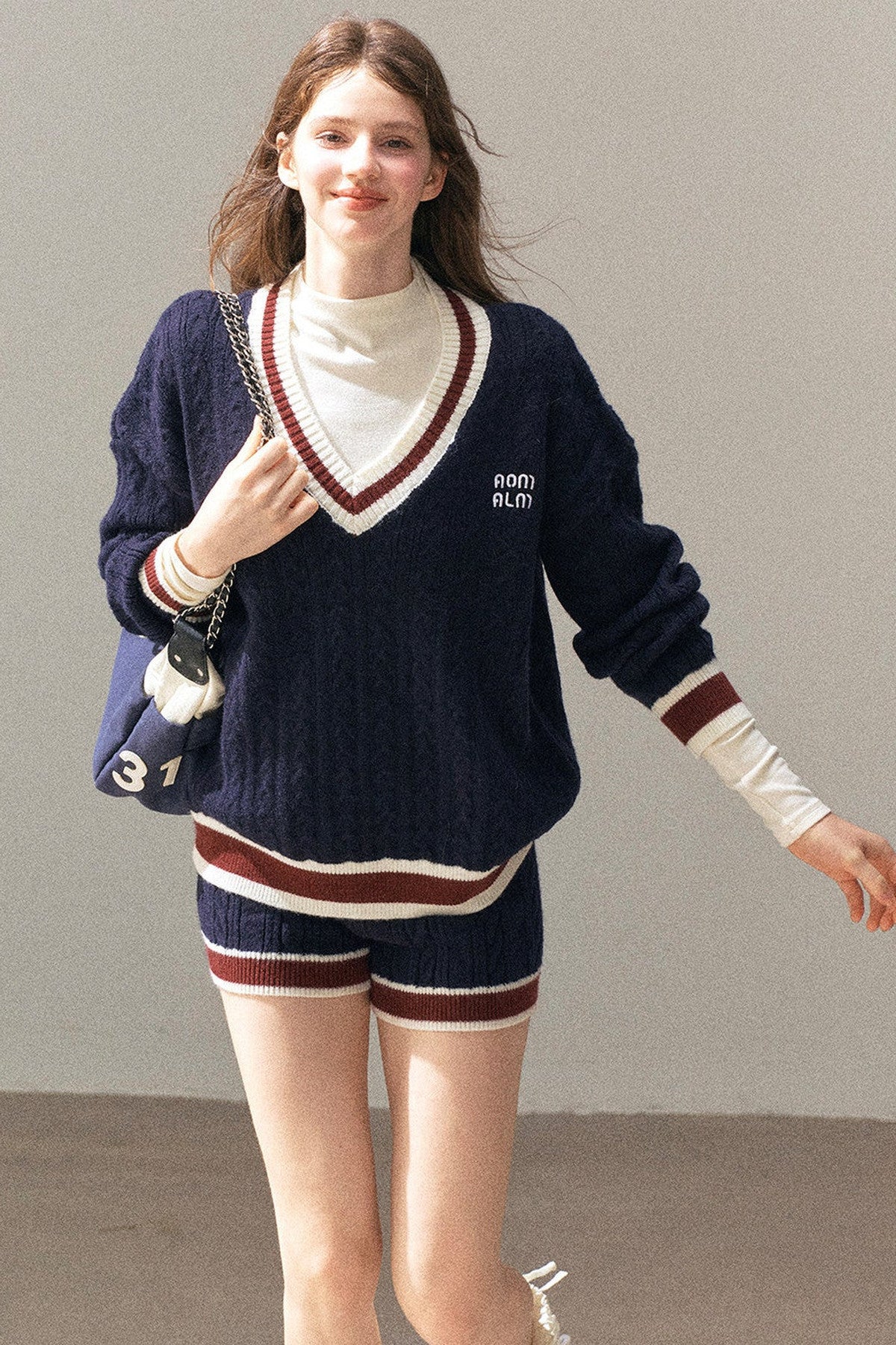 College Style Knit Sweater and Knit Shorts Set-Up