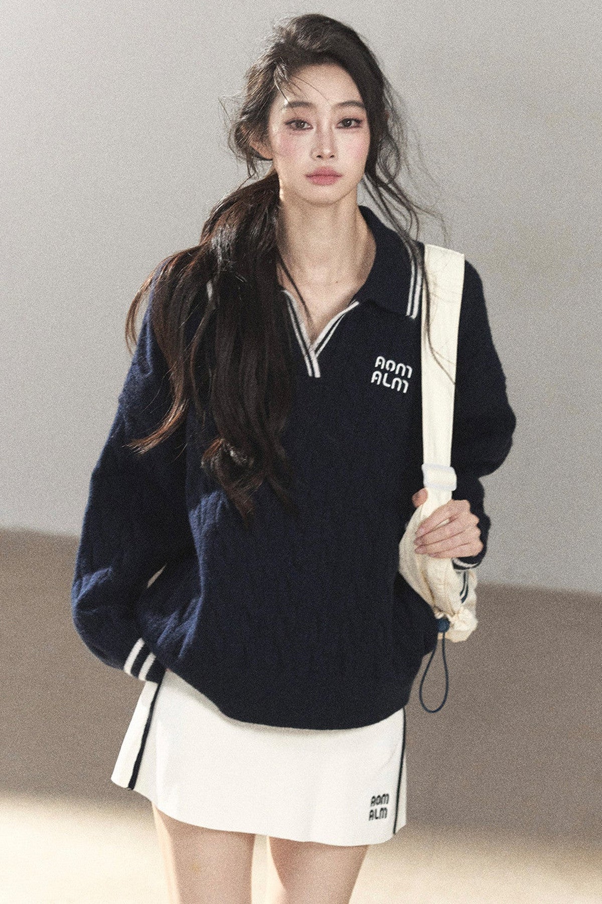 Navy Blue Sweater And White Mini Skirt Set-Up
