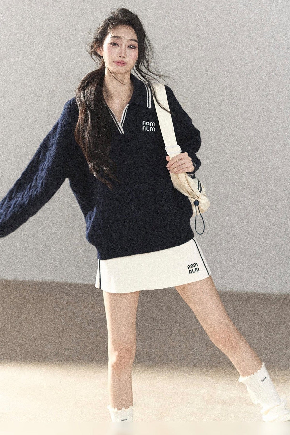 Navy Blue Sweater And White Mini Skirt Set-Up