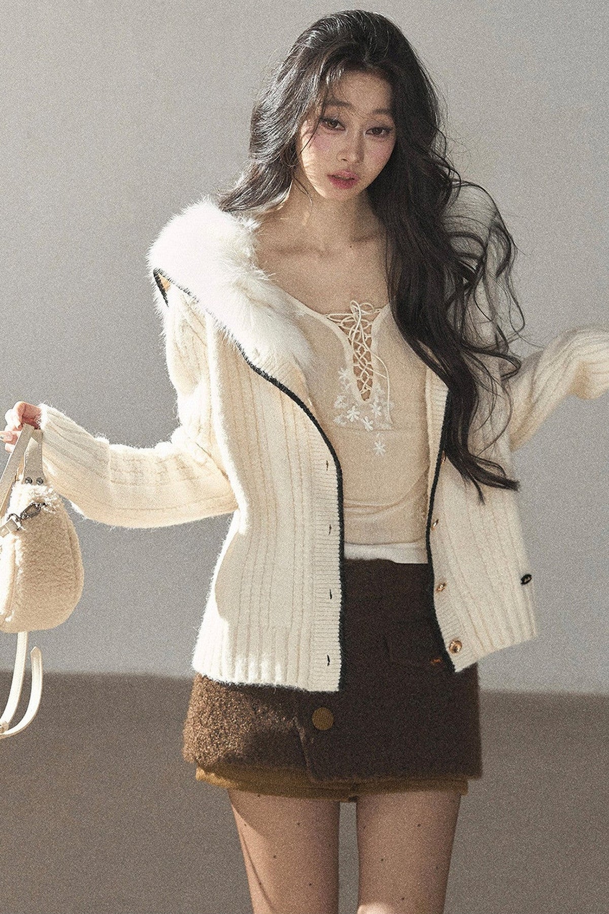 Navy Collar Wool Ribbed Striped Cardigan