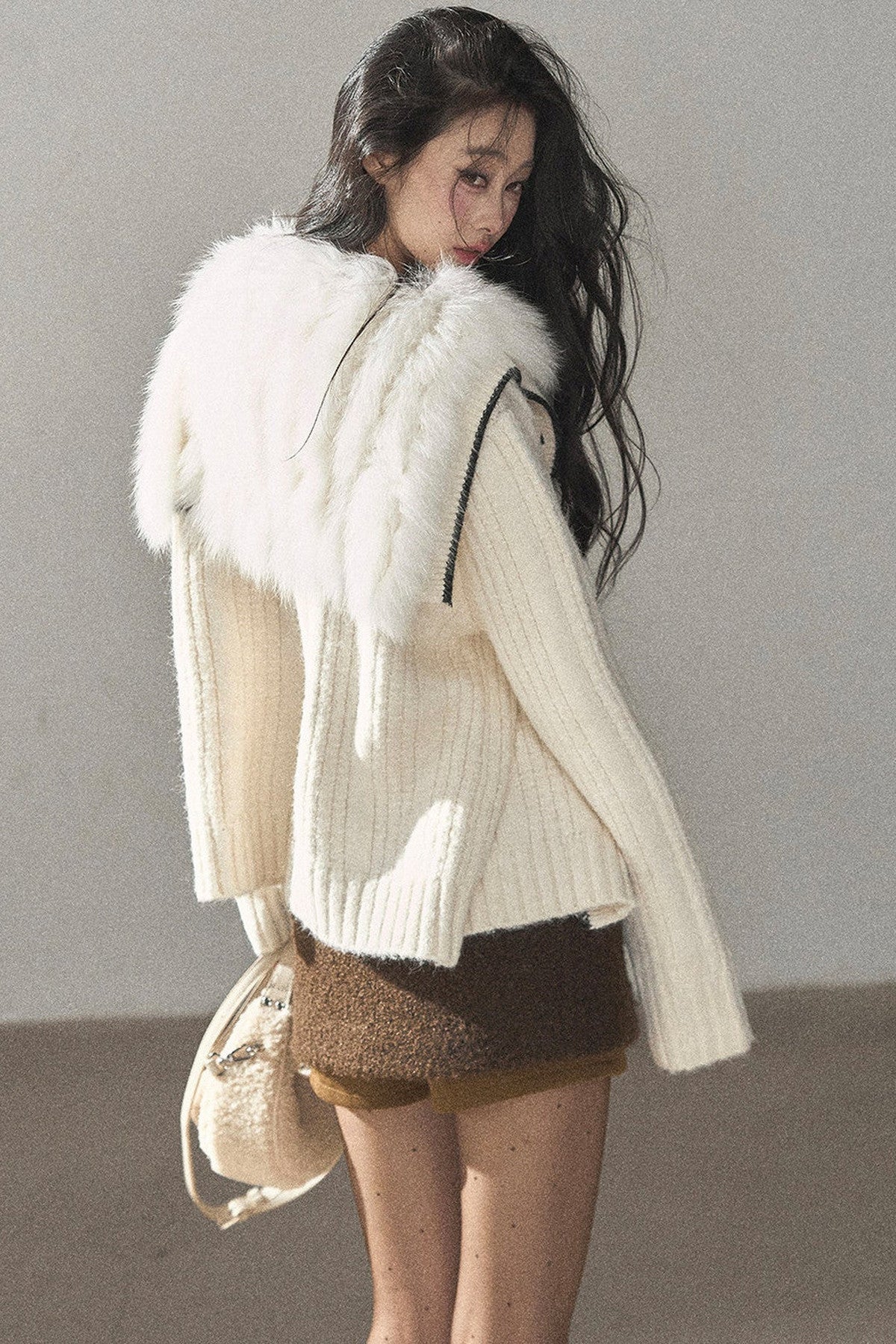 Navy Collar Wool Ribbed Striped Cardigan
