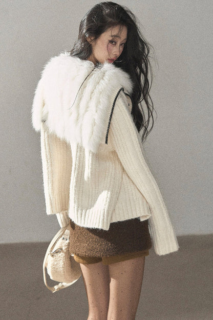 Navy Collar Wool Ribbed Striped Cardigan