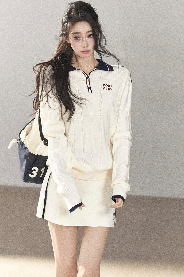 College Style Knitted Top and Short Skirt Two-Piece Set-Up