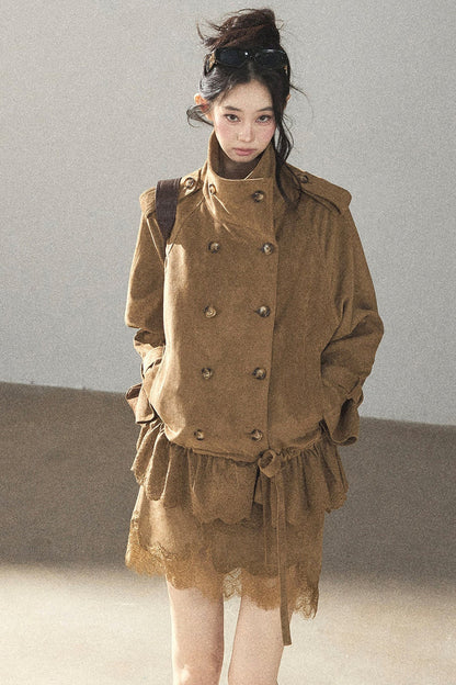 Double-Breasted Faux Suede Trench Coat and Skirt