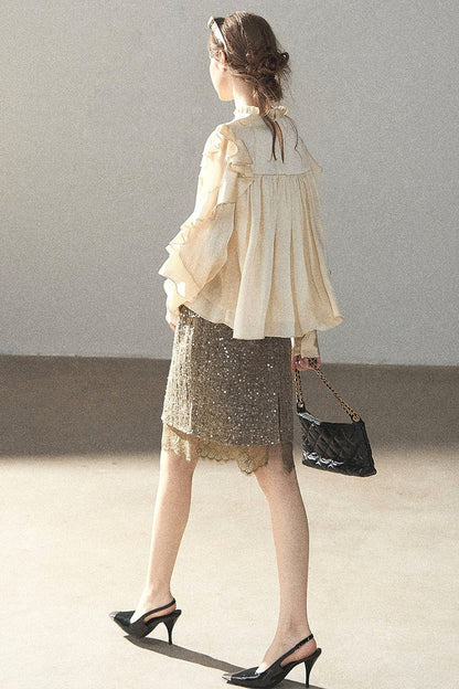 Ruffled Lace Patchwork Textured Chiffon Blouse
