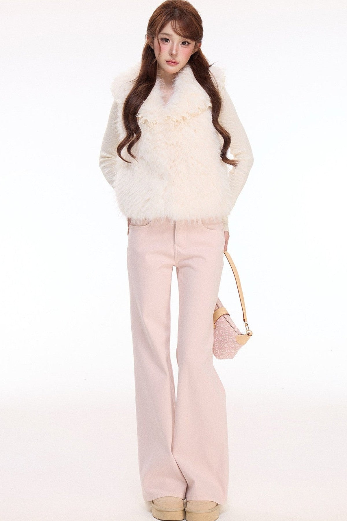 Woolen Mesh Ruffle Skirt and Furry Vest Set-Up