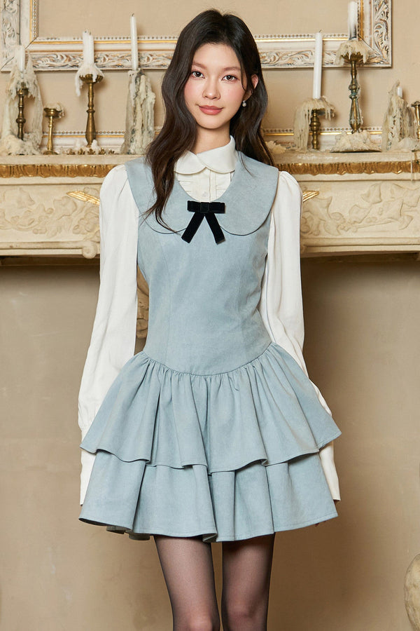 Sky Blue Suede Doll Collar Dress and White Shirt Set-Up